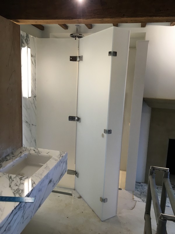 Bespoke frosted glass shower enclosure in Beaconsfield luxury bathroom